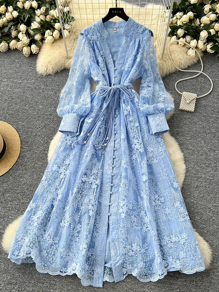 Spring Autumn French High-end Women's Dress New Lace Embroidery V-neck Lantern Sleeves Single Breasted Party Birthday Dress C192 - Image 2