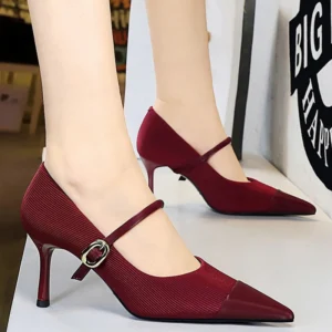 2025 New corduroy Women Pumps Metal buckle High Heels Stilettos Women 7 CM Heels Sexy Kitten high heels Pointed Ladies shoes