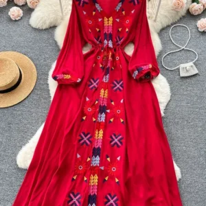 Women Spring Summer Vestidos French Sweet Embroidered V-Neck Drawstring Waist Wrap Retro Ethnic Style Fake Big Swing Dress D5823