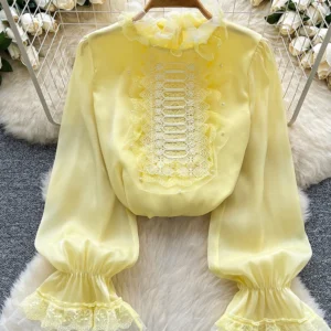 Stand Collar Lace Patchwork Flared Sleeve Shirt for Women Spring Autumn New Elegant Versatile French Style Blouse Top W68