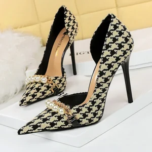BIGTREE Shoes 2025 Spring Women Pumps Pearl Metal Chain High-heels Checked Grain Stilettos Women Heels Luxury Banquet Shoes 43