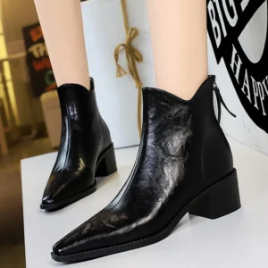 Retro scratch pattern Women's boots, thick heel, Pointed toe Short boots , slimming Women Ankle boots Mid heel leather boots