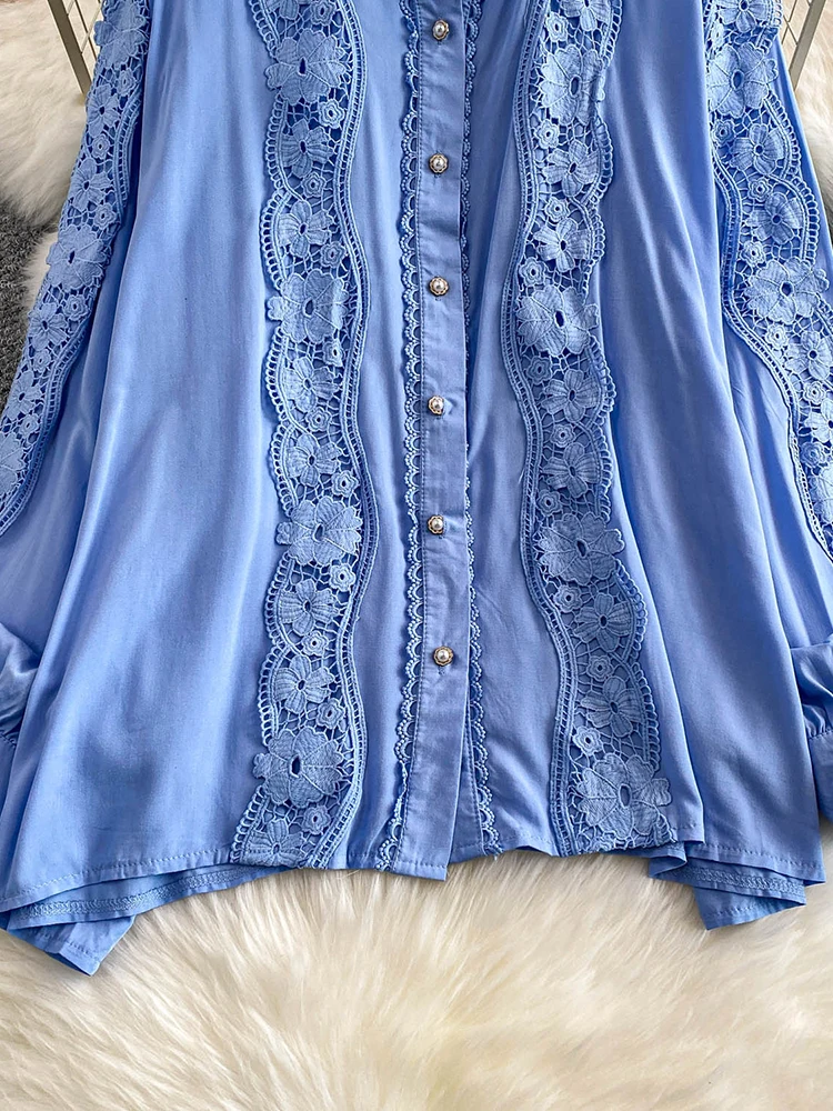 Women's Autumn Shirt Court Style Retro Lace Patchwork Stand Collar Lantern Sleeve Shirt Gentle Blue Top Female BL225 - Image 3