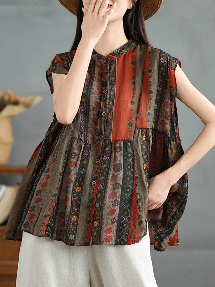 2025 Summer New Sleeveless Shirt for Women's Literature Retro Unique Casual Ramie Printed Splicing Sleeveless Lace Thin Top C66 - Image 4