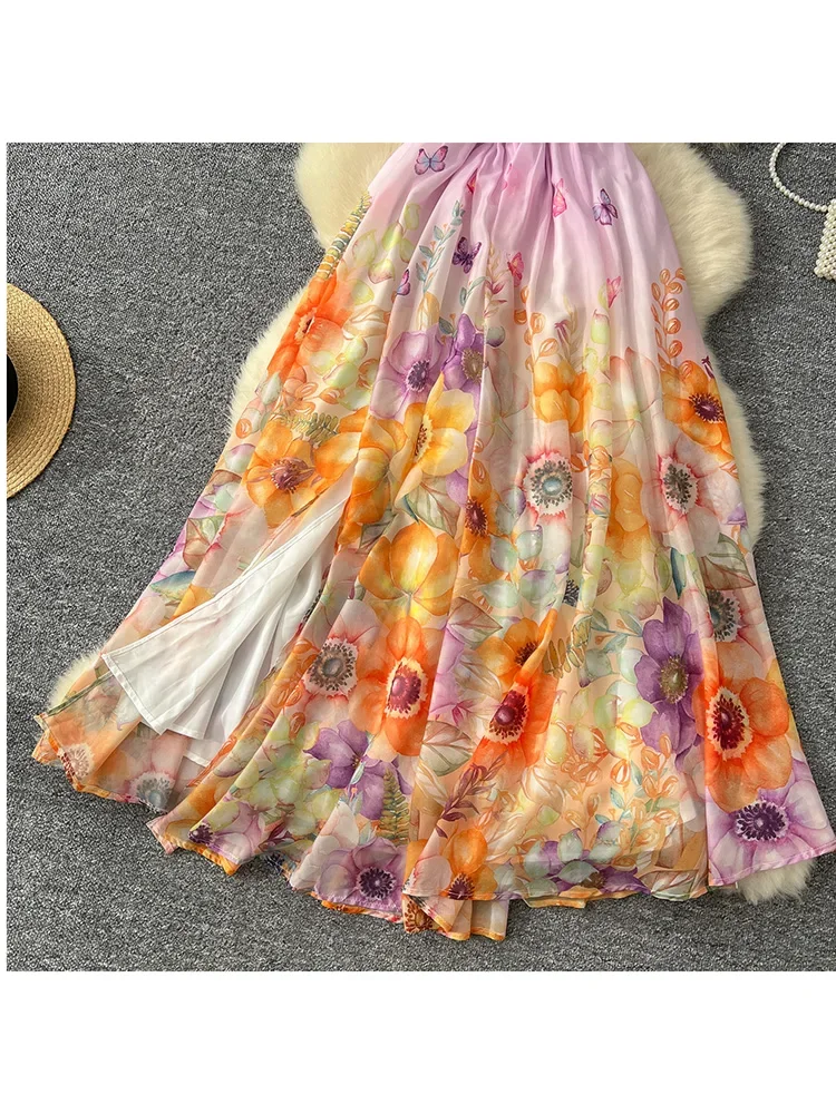 Women's Summer Dress Sexy Vacation Style One Shoulder Lotus Leaf Edge Splicing Temperament Long Printed Chiffon Dress DS037 - Image 4