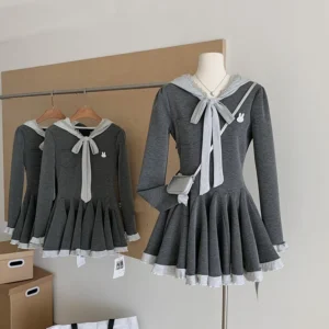Spring Autumn Waist Fold Mini Dress for Women French Sweet Academy Style Gray Bow Tie Hooded Long Sleeve Dress Female S120