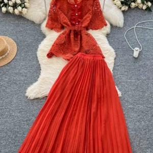 Women Summer Skirt Sets New Vintage Style Short Sleeve Hollow Out Single Breasted Shirt Two Piece High Waist A-Line Dress C111