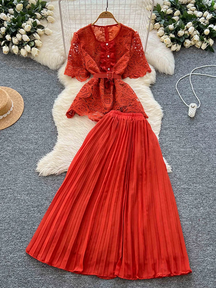 Women Summer Skirt Sets New Vintage Style Short Sleeve Hollow Out Single Breasted Shirt Two Piece High Waist A-Line Dress C111