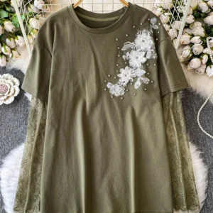 Women Summer Tee Diamond Inlaid Three-dimensional Flower Round Neck T-shirt Elegant Lace Patchwork Long Sleeved T-Shirts TS011