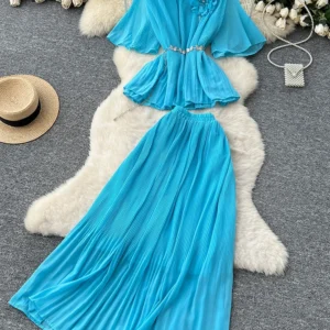Summer New Women's Skirt Chiffon Two-piece Set Three-dimensional Flower Trumpet Sleeve Top+ Pleated Large Swing Skirt Set C259