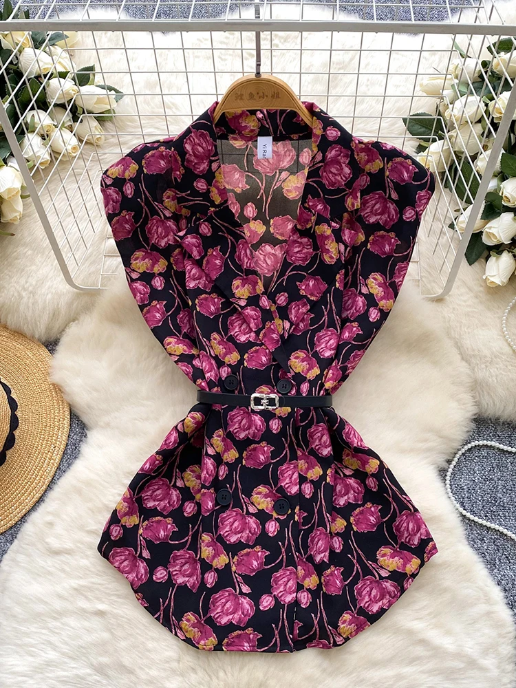 Summer Women's Notched Collar Sleeveless Printed Shirt New Fashionable Commuting Versatile Vacation Chiffon Blouse Top C295