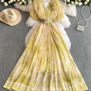 Summer Women's Beach Vacation Short Sleeved Dress French Retro Three-dimensional Flower V-neck Big Swing Pleated Dress L60