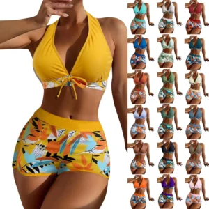 Shorts Bikinis Set High Waist Swimsuit Women Swimwear 2 Pieces Plant Print Bathers Bathing Swim Suit Beachwear