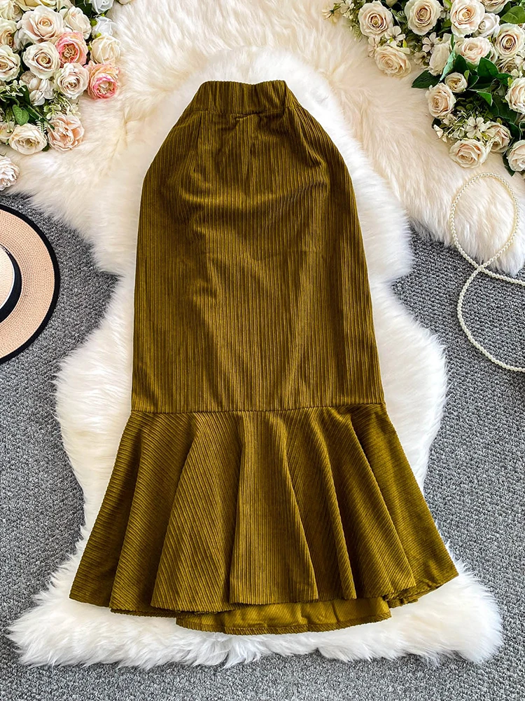 Women Midi Skirt High-end Feeling Corduroy Pleated High Waist Slim Fish Tail Mermaid Mid Length Skirt A-line Faldas Female SK068 - Image 2