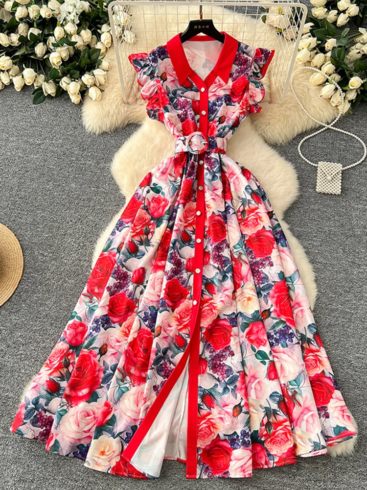 New Fashion Printed Lotus Leaf Sleeves Lapel Single Breasted Waist Cinching Big Swing Dress Elegant Feminine Long Dress A297 - Image 5