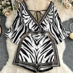 Women Summer Jumpsuits Sexy Lace Up Deep V-neck Seven Quarter Sleeve New Collection Waist Printed Wide Leg Shorts DS098