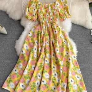 Women Summer Dress French Tea Break First Love Gentle Style Square Neck Slim A Line Dress Elegant Large Swing Long Dress D3297