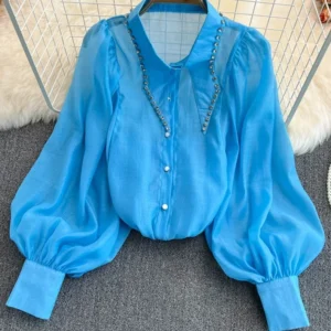 Spring Temperament New Blouse Female Beaded Diamonds Lantern Sleeve Single-breasted Fashion All-match Lapel Shirt C428