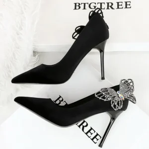 7 cm Kitten high heels Rhinestone bow design Women Pumps Suede Women Heels Stiletto Luxury banquet shoes Black heels Ladies shoe