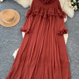 2025 Spring Autumn Fashion Elegant Dress for Women New French Mushroom Edge Crimping Loose Chiffon Long Sleeve Long Dress C139