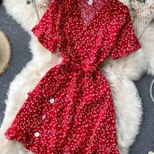 2025 New Summer Women's Short Sleeved Mini Dress for Beach Vacation Sweet Love Printed Trumpet Sleeve Short Dress GD376