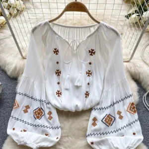 Women Spring Autumn Blouse Leisure Time Retro Ethnic Style Bubble Sleeved Shirt with Strap Design Niche Style Top D5328