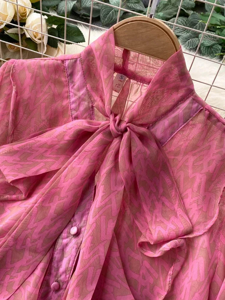 Women's Spring New Blouse Sweet Pure V-neck Bow Puff Sleeve Fashion Printing Loose Versatile Chiffon Shirt D0139 - Image 3