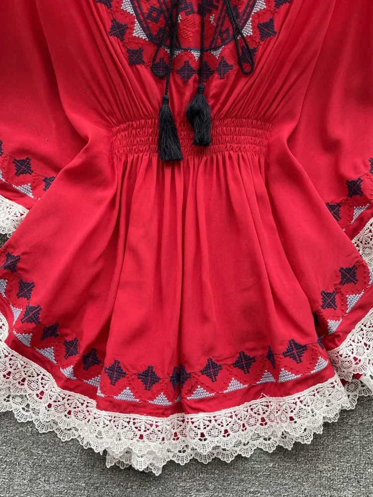 Women Summer Blouse New Lace Panel Printing Design Feels Small Retro Slim Lazy Medium Length, Chic Loose Top D2558 - Image 5