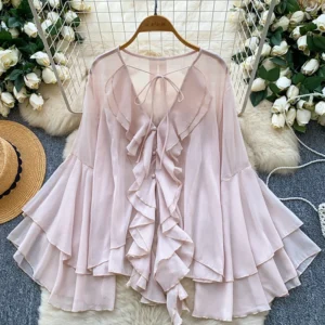 Spring Autumn Women's V-neck Ruffled Single Breasted Flared Sleeve Chiffon Shirt New Fashionable Vacation Loose Casual Top C357