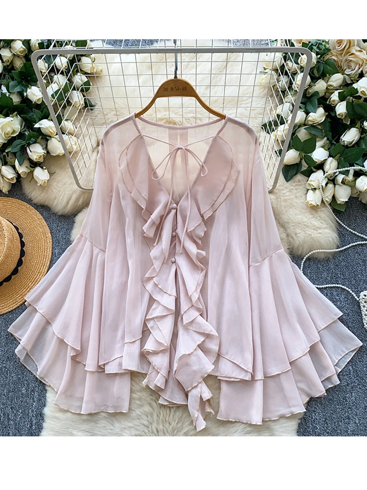 Spring Autumn Women's V-neck Ruffled Single Breasted Flared Sleeve Chiffon Shirt New Fashionable Vacation Loose Casual Top C357
