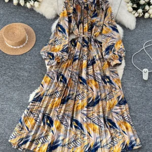 Spring Autumn New Dress Temperament Turtleneck Waist Slim Long Sleeves Lace Up Wild Floral Maxi Dress Female A196