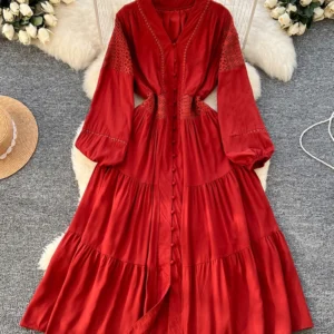 French Bohemian Retro Dress for Women New V-neck Lace Patchwork Lantern Sleeve Single Breasted Dress Female C153