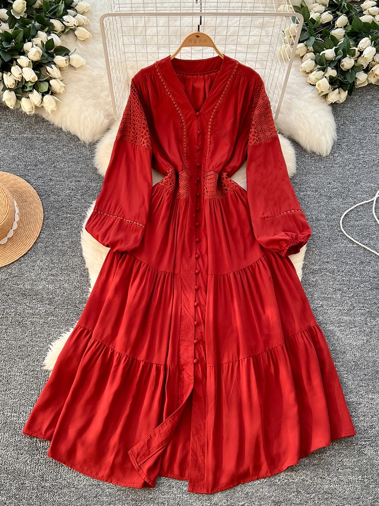French Bohemian Retro Dress for Women New V-neck Lace Patchwork Lantern Sleeve Single Breasted Dress Female C153