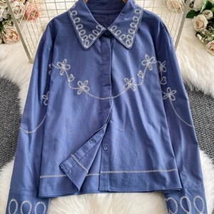 Women's Autumn French Retro Shirt Artistic Style Heavy Embroidery Turn Down Collar Top Casual Blouse Female Top BL235