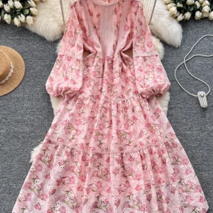 Spring Autumn French Long Sleeve Pendant Dress Women with Hollow Embroidery Round Neck Lantern Sleeve Printed A-line Dress D09