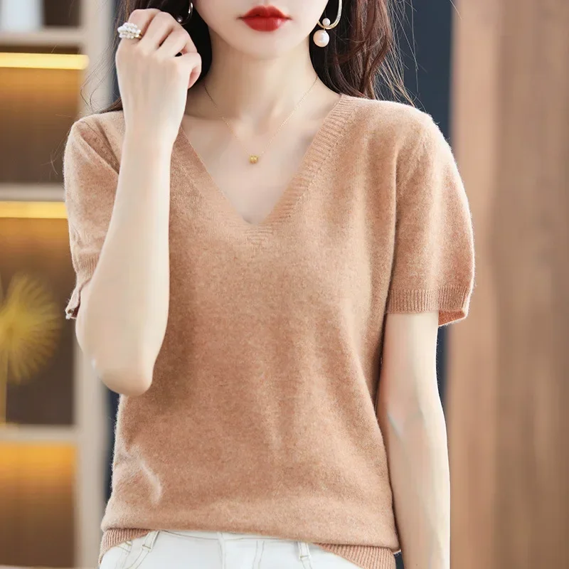 Spring Summer Women Sweater Knit Tshirts V-neck Short Sleeve Knitwears Korean Fashion Pullovers Solid Bottoming Shirt Jumper - Image 2