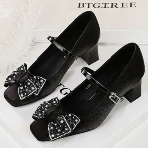 BIGTREE Shoes Rhinestone bow Women Pumps Coarse heel Women shoes middle heel Luxury banquet shoes satin square head Ladies shoes