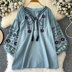 Women's Autumn Blouse Vintage Ethnic Style Long Sleeved V-neck Loose Embroidered Cotton Linen Pullover Shirt Casual Top BL032