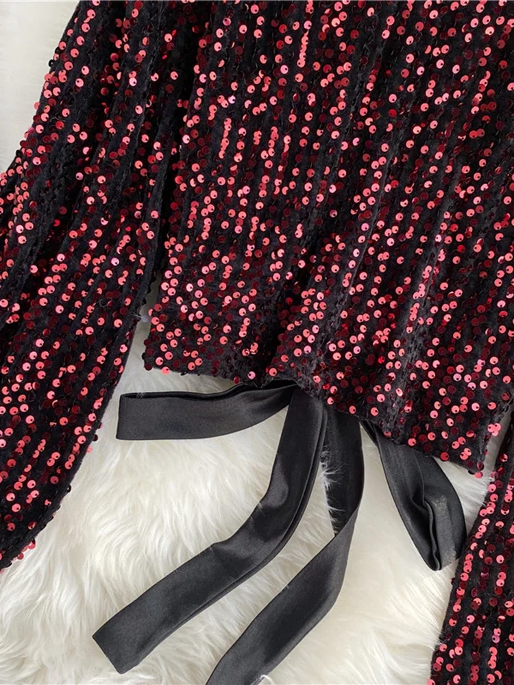 litmage Women Spring Blouse New Sequins O-Neck T Shirts Long-sleeved Open Back Lace-up Bow Short Tops Female Blusa Tee GX1082 - Image 5