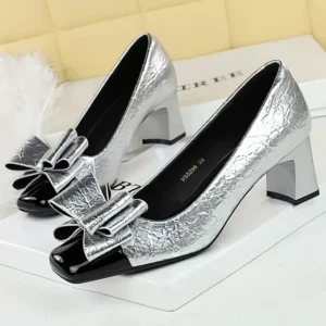BIGTREE Shoes Fashion Coarse Heeled Women's shoes Bowknot Women Pumps Elegant Banquet Shoes Square Head Mid Heel Ladies Shoes