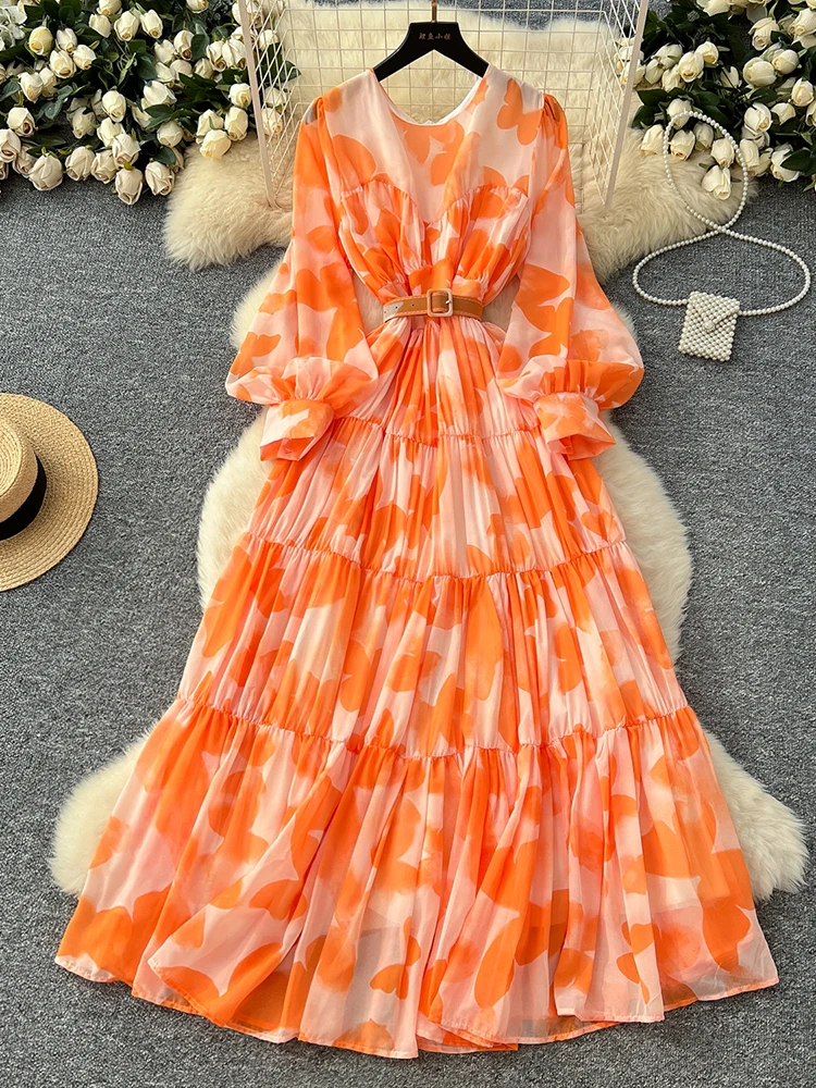 Spring Summer Women's Long Sleeved Printed Large Swing Dress New French Fashion Beach Style Cinched Round Neck Long Dress Y01 - Image 3