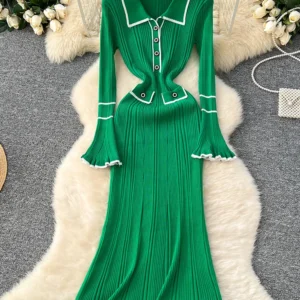 Women Autumn Winter Dress Knitted Chic Vintage Contrast Color Turn-down Collar Flared Sleeves Female Maxi Vestidos DS218