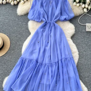 Summer Women's Ruffled Mesh Dress Khaki Blue Round Neck Lantern Sleeves with Diamond Studded Straps Waist Cinching Dress S75