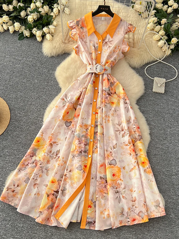 New Fashion Printed Lotus Leaf Sleeves Lapel Single Breasted Waist Cinching Big Swing Dress Elegant Feminine Long Dress A297