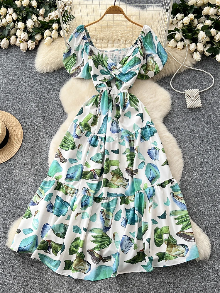 Summer Women's Cross Collar Waist Cinched Short Sleeved Dress New Fashionable Sexy Beach Vacation Elegant Floral Long Dress Y100