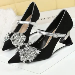 BIGTREE Shoes Korean style high heels Wedges Shoes Rhinestone Bowknot Women Shoes Luxury banquet shoes pointed Women Heels 6 CM