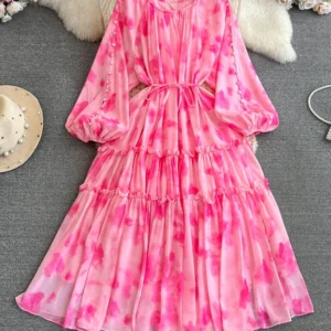 New Women's Long Sleeve Dress Spring Autumn Round Neck A-Line Mid-Length Printed Gown with Waist Large Hem Style A35
