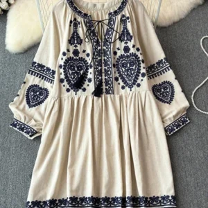 Women's Spring Autumn Dress Bohemian Retro Ethnic Style Cotton Linen Blend Embroidered Long Sleeves Mini Dress A130