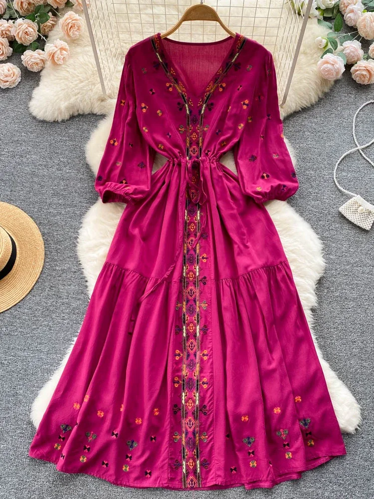 Spring Summer Bohemian Dress Retro Ethnic Style Embroidery V-neck Waist A-line Seaside Holiday Swing Long Vestidos Dress G12 - Image 3