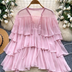 European American Retro Mesh Blouse for Women's Autumn Fashion with Loose Ruffle Edges Unique Temperament Trendy Shirt Top S8